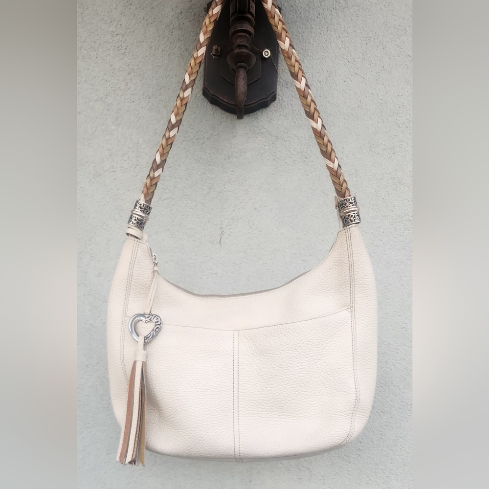 Brighton Barbados Ziptop Hobo Bag in Pearl White Leather